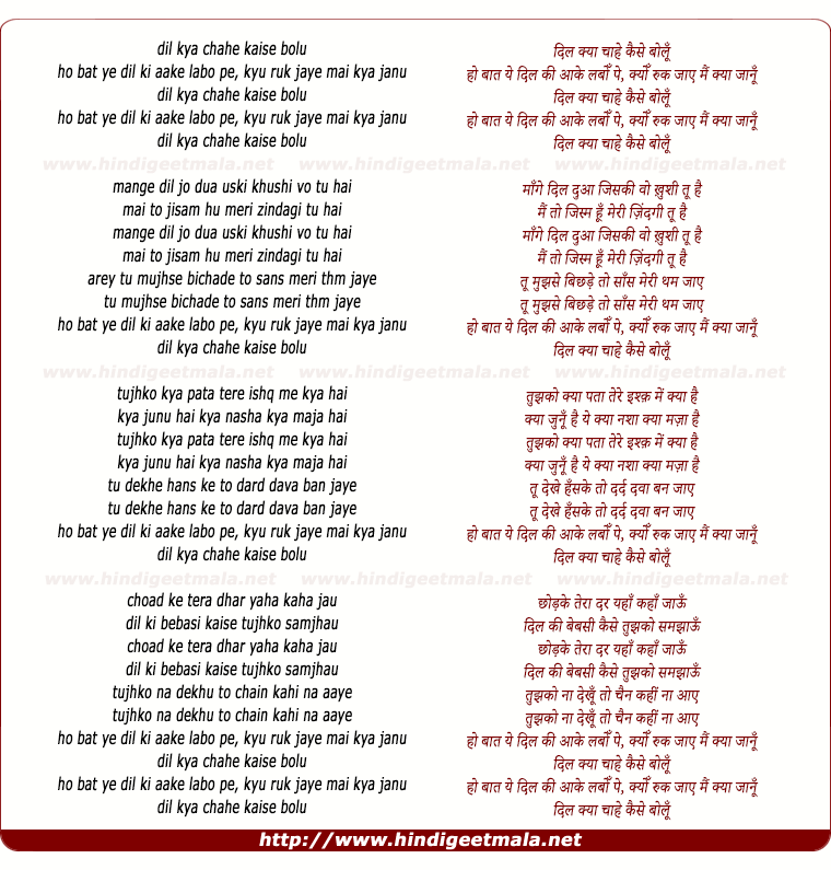 lyrics of song Dil Kya Chahe Kaise Bolu