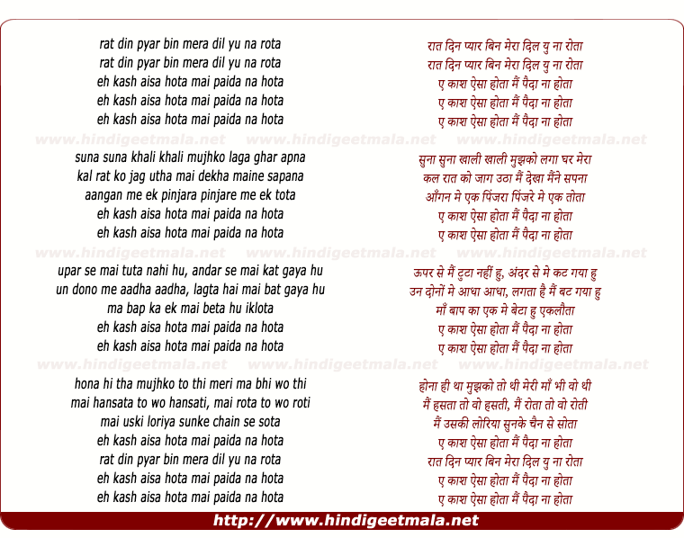 lyrics of song Eh Kash Aisa Hota, Main Paida Na Hota