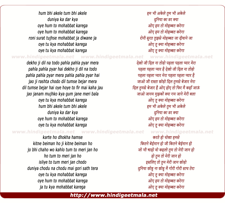 lyrics of song Hum Bhi Akele Tum Bhi Akele
