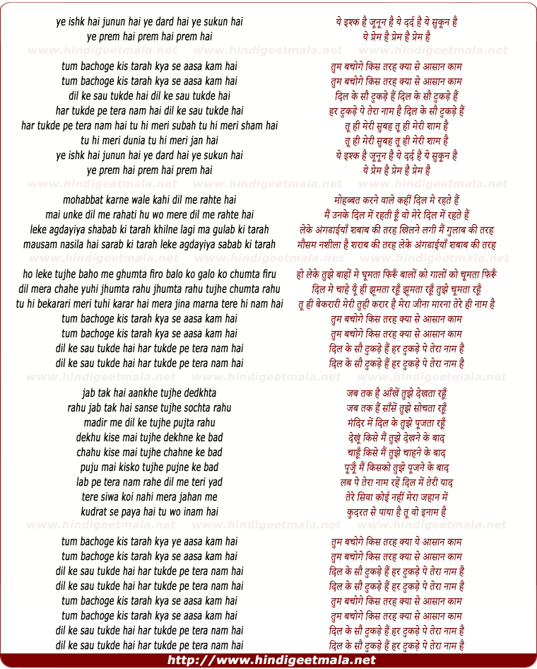lyrics of song Dil Ke Sau Tukde Hai