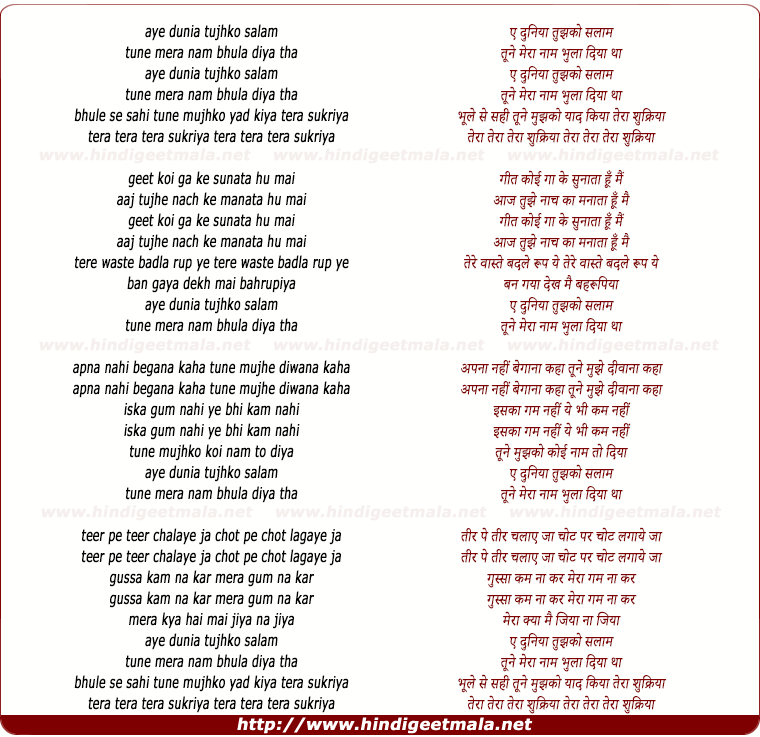 lyrics of song Ae Duniya Tujhko Salaam, Tune Mera Naam Bhula Diya