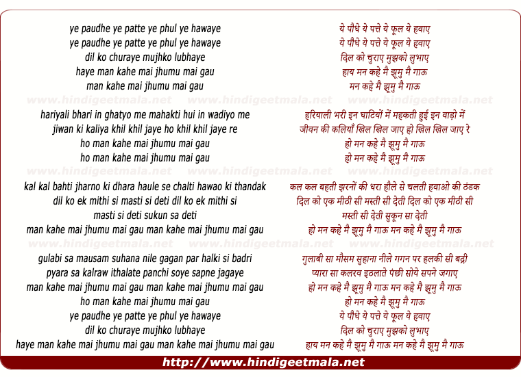 lyrics of song Ye Paudhe Ye Patte Ye Phool Ye Hawaye