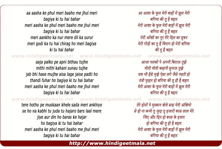 lyrics of song Meri Aasha Ke Phool Meri Bahon Mein Jhul Meri