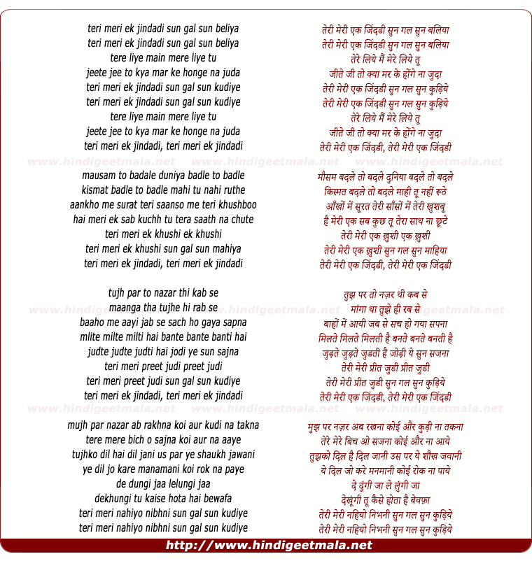 lyrics of song Teri Meri Ek Zindadi