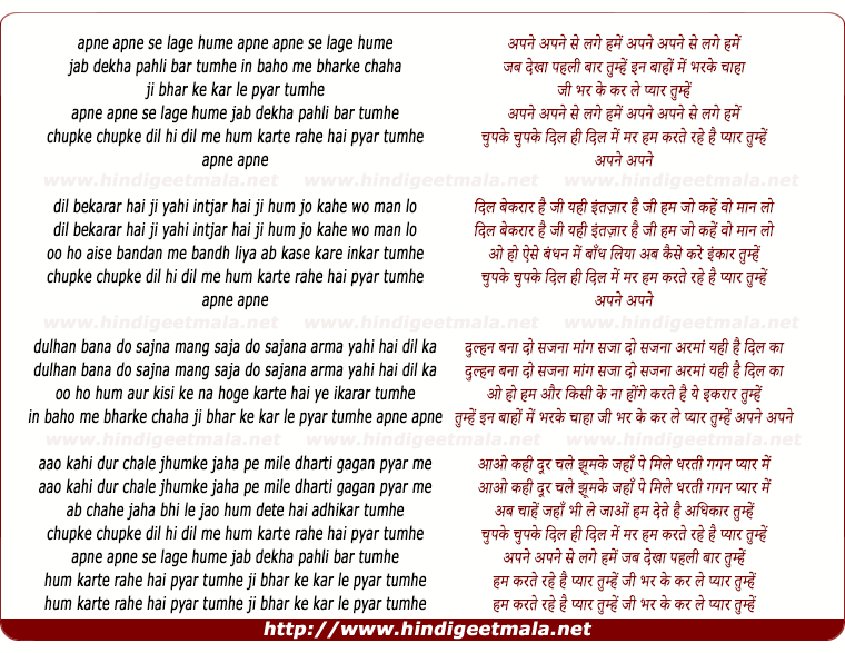 lyrics of song Apne Apne Se Lage Hume Jab Dekha Pehli Baar Tumhe