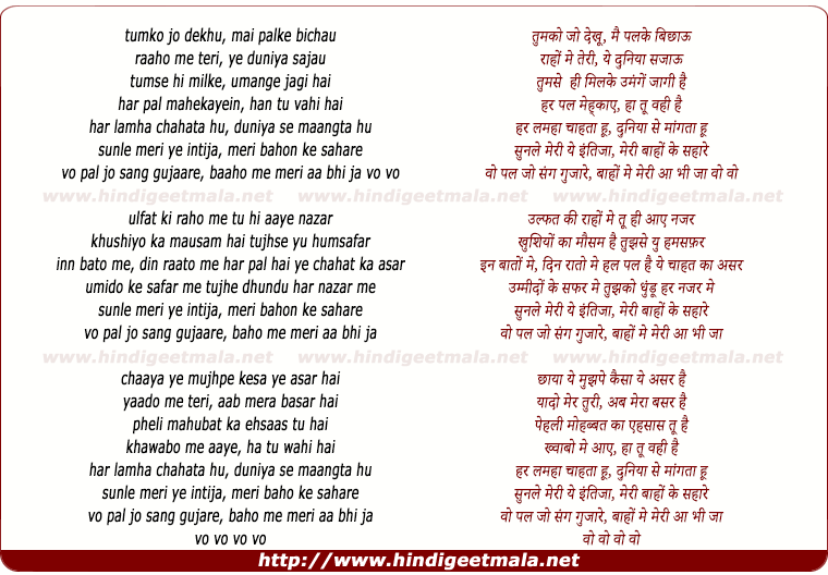 lyrics of song Tumko Jo Dekhu, Mai Palke Bichhau