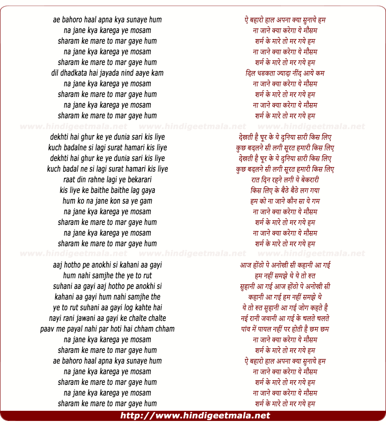 lyrics of song Ae Baharo Haal Apna Kya Sunaaye Hum