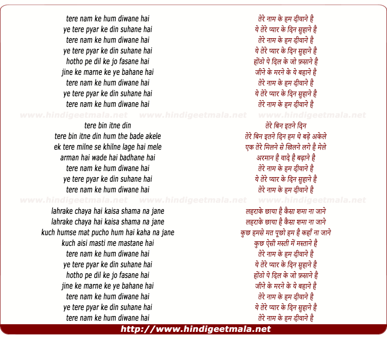 lyrics of song Tere Naam Ke Hum Deewane Hai, Ye Tere Pyar Ke Din Suhaane Hai