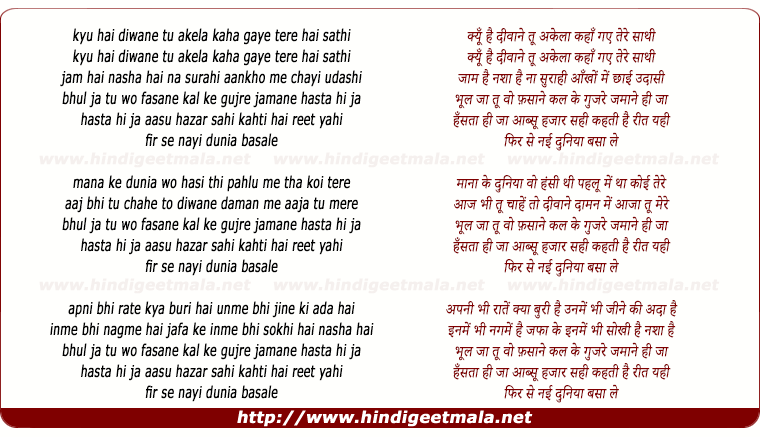 lyrics of song Kyu Hai Diwane Tu Akela, Kahan Gaye Tere Saathi