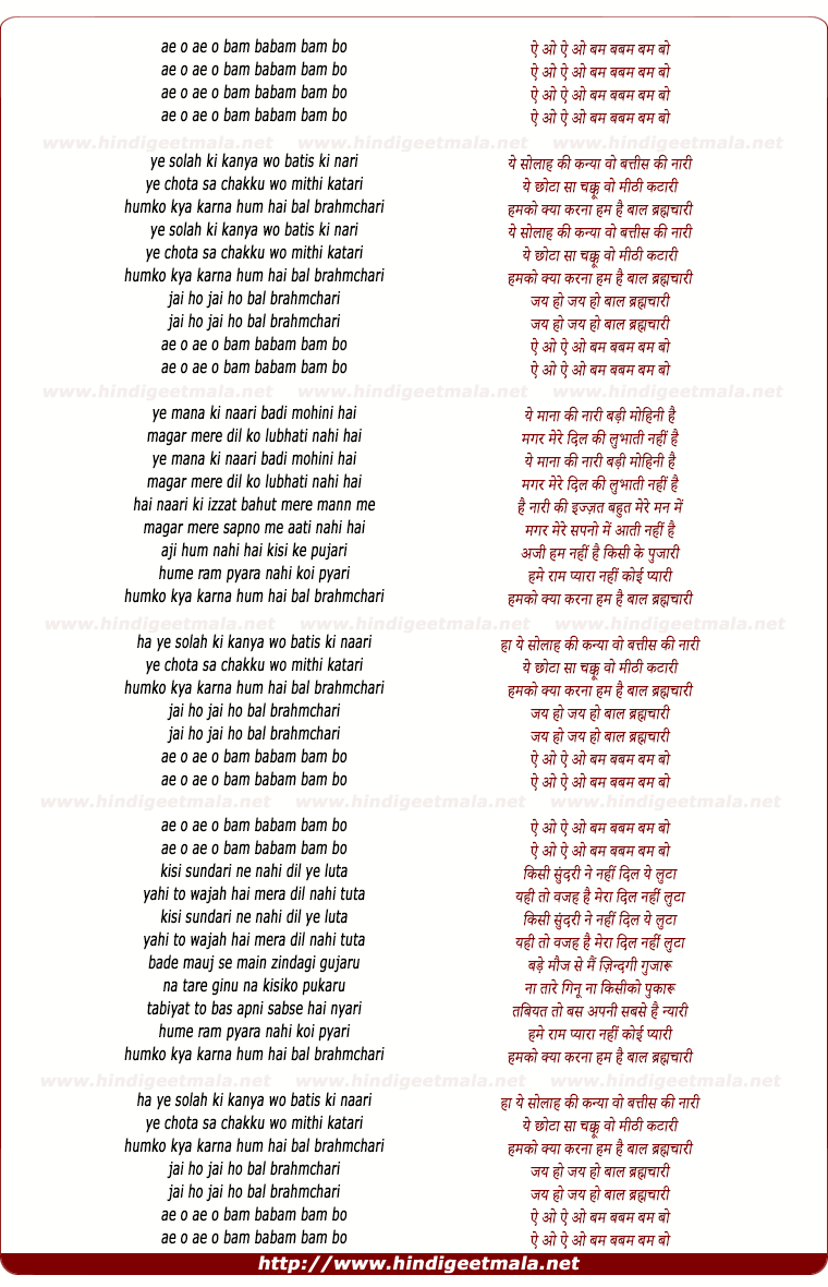 lyrics of song Humko Kya Karna, Hum Hai Bal Brahmachari