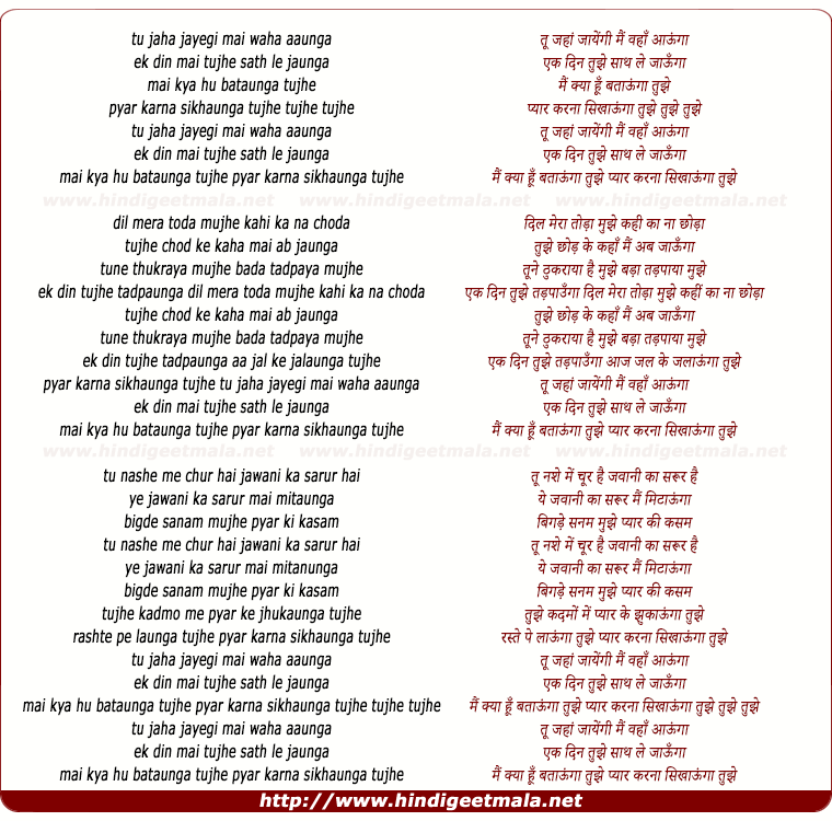 lyrics of song Tu Jahan Jayegi Mai Wahan Aaunga