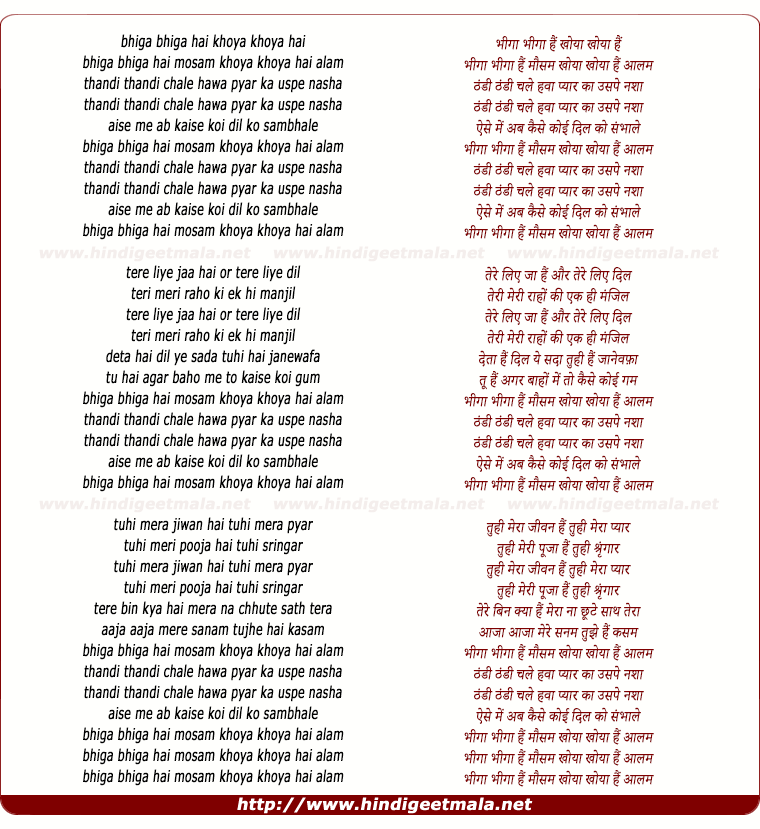 lyrics of song Bheega Bheega Hai Mausam, Khoya Khoya Hai Aalam