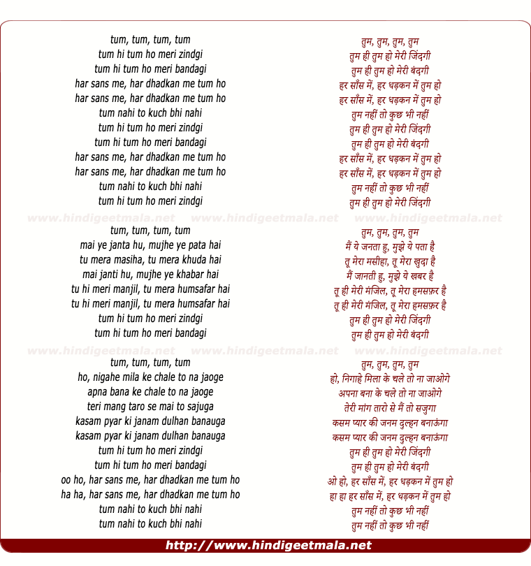 lyrics of song Tum Hi Tum Ho Meri Bandagi