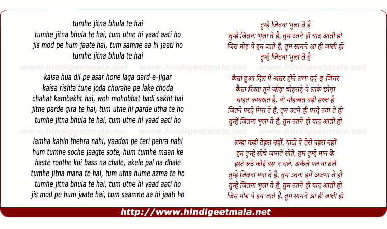 lyrics of song Tumhe Jitna Bhulate Hain