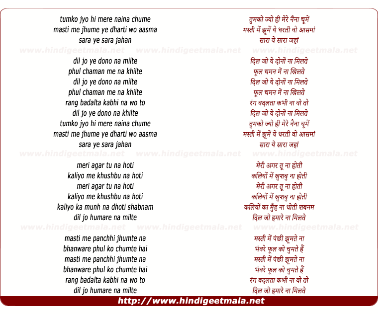 lyrics of song Tumko Jyo Hi Mere Naina Chume