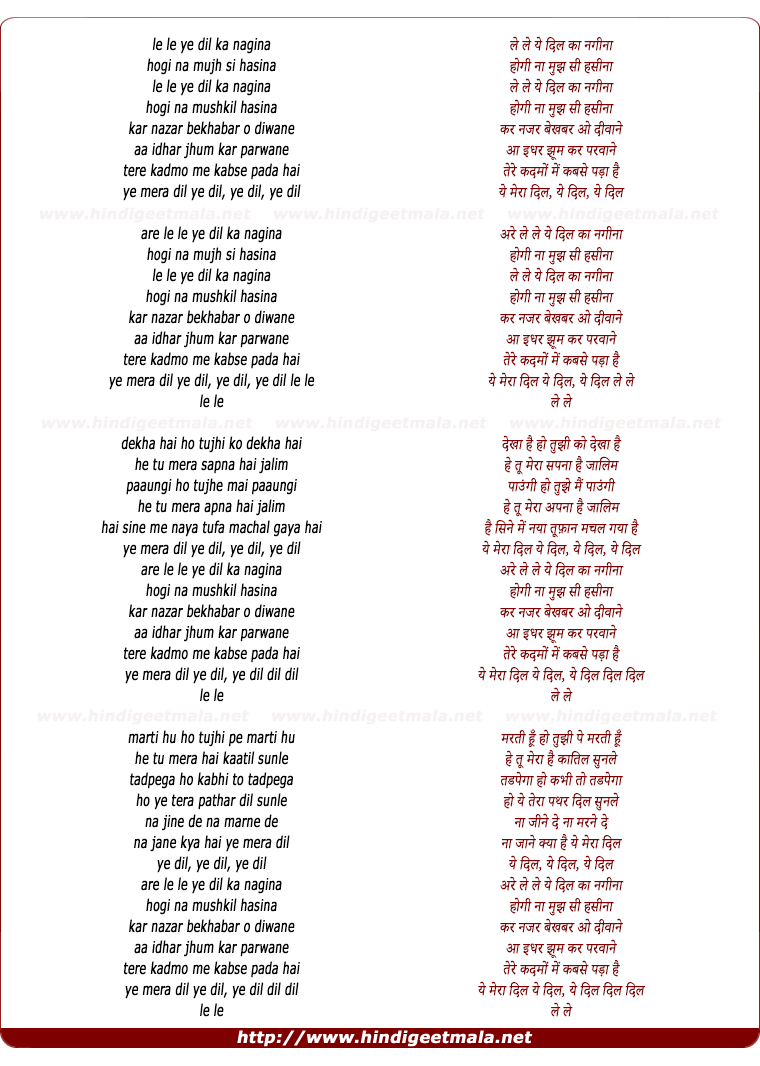 lyrics of song Le Le Ye Dil Ka Nagina