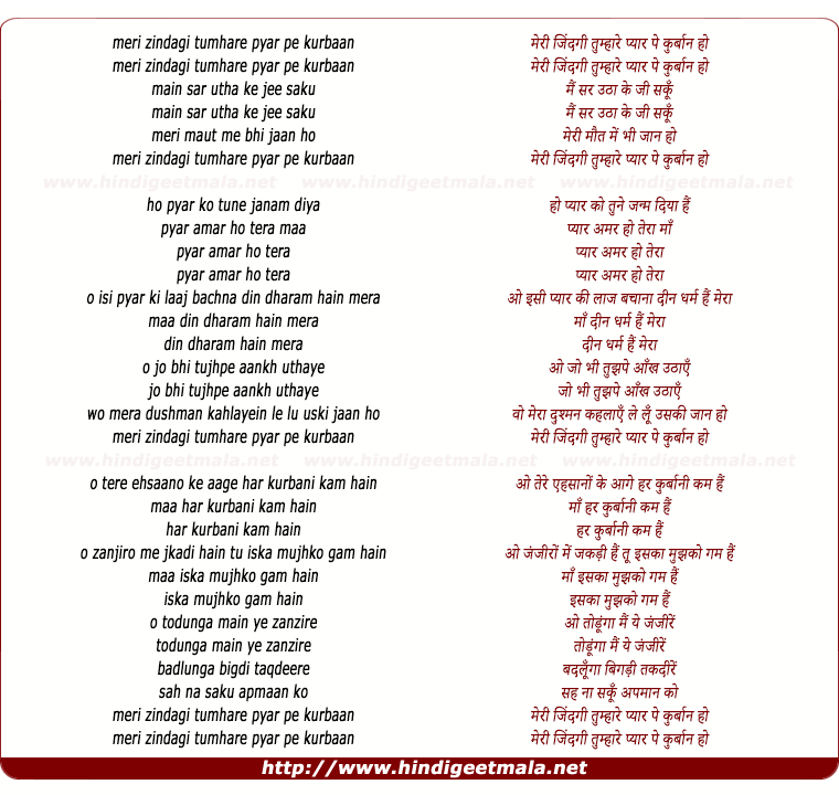 lyrics of song Meri Zindagi Tumhare Pyaar Pe Kurbaan