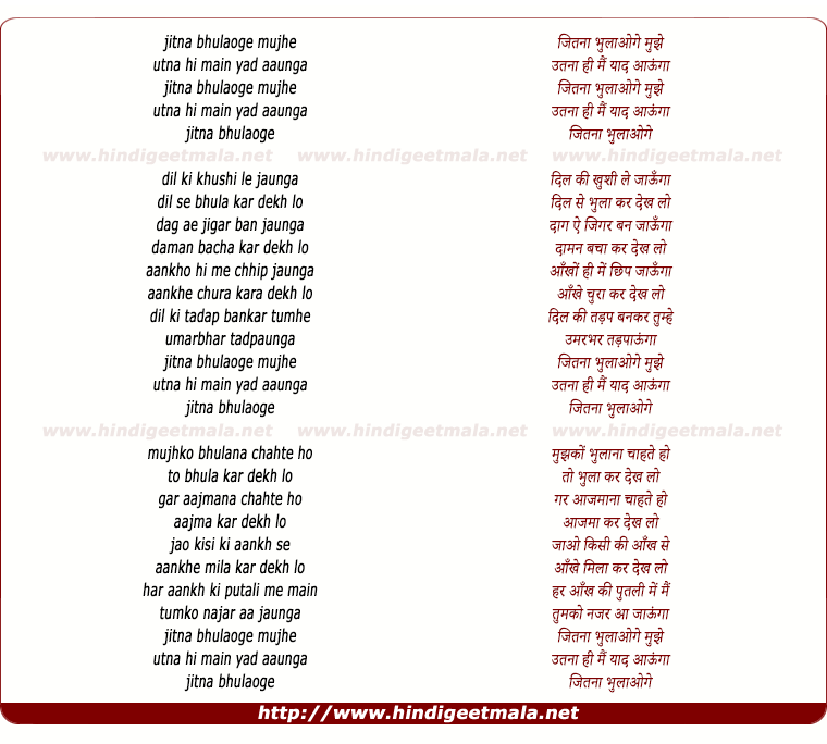 lyrics of song Jitna Bhulaoge Mujhe Utna Hi Main Yaad Aaunga