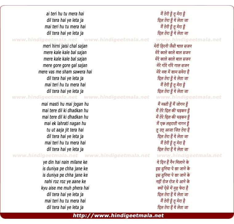 lyrics of song Mai Teri Hu Tu Mera Hai Dil Tera Hai