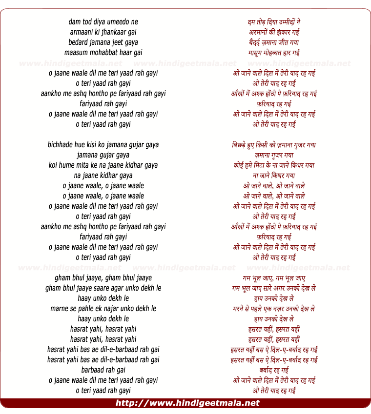 lyrics of song O Janewaale Dil Me Teri Yad Rah Gayi
