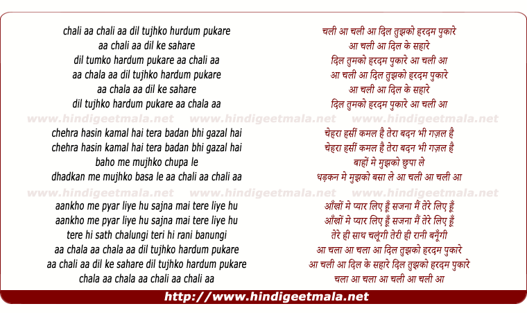 lyrics of song Chali Aa Dil Tujhko Hurdum Pukare