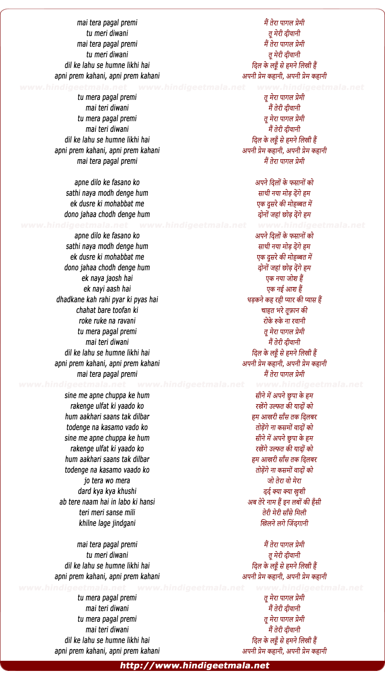 lyrics of song Mai Tera Pagal Premi Tu Meri Diwani