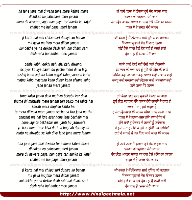 lyrics of song Jane Jana Mai Diwana Tune Mera Kahna Mana