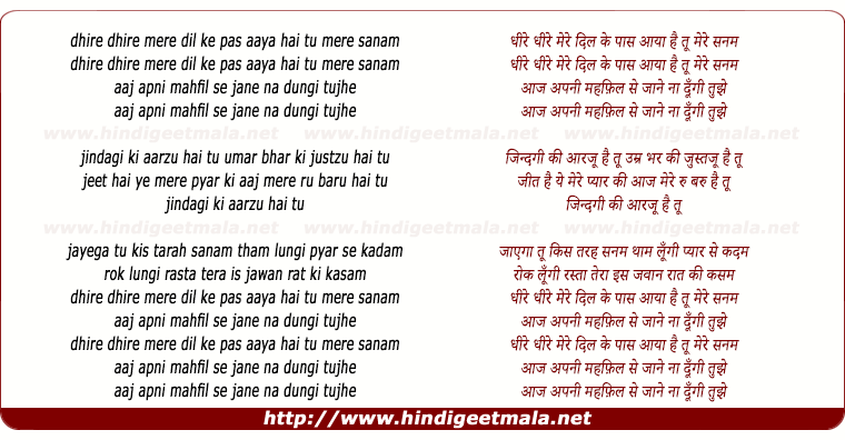 lyrics of song Dheere Dheere Mere Dil Ke Paas