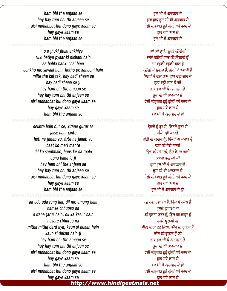 lyrics of song Hum Bhi The Anjaan Se