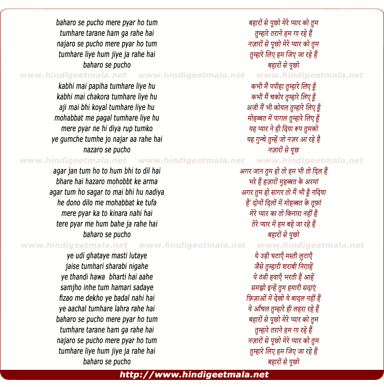 lyrics of song Bahaaro Se Puchho Mere Pyar Ho Tum
