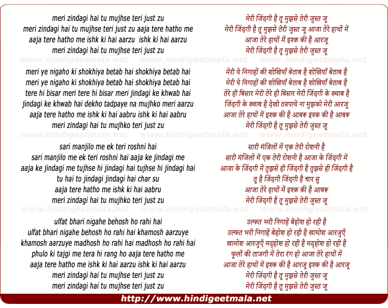 lyrics of song Meri Zindagi Hai Tu Mujhse Teri Just Ju