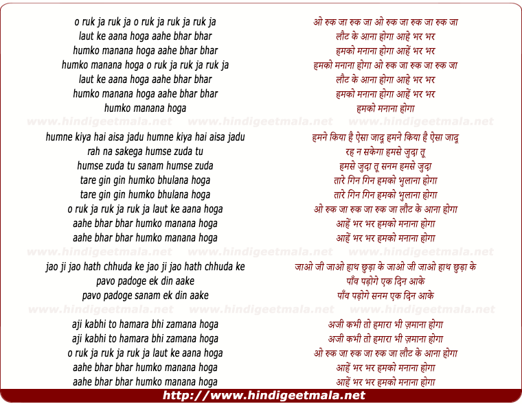 lyrics of song O Ruk Ja Laut Ke Aana Hoga