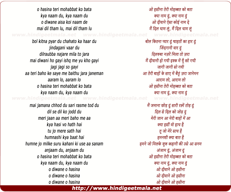 lyrics of song O Hasina Teri Mohabbat Ko Bata Kya Naam Du