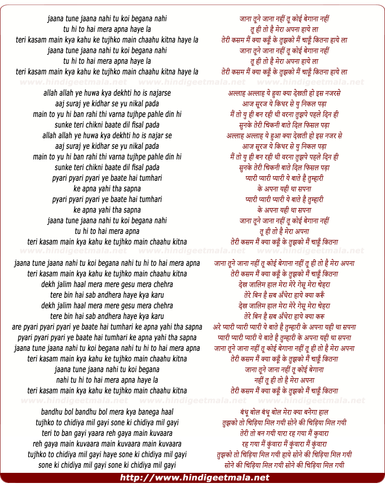 lyrics of song Jaana Tune Jaana Nahin