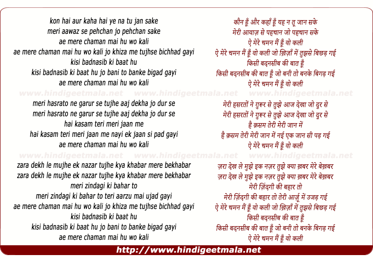 lyrics of song Ae Mere Chaman Mai Hu Wo Kali