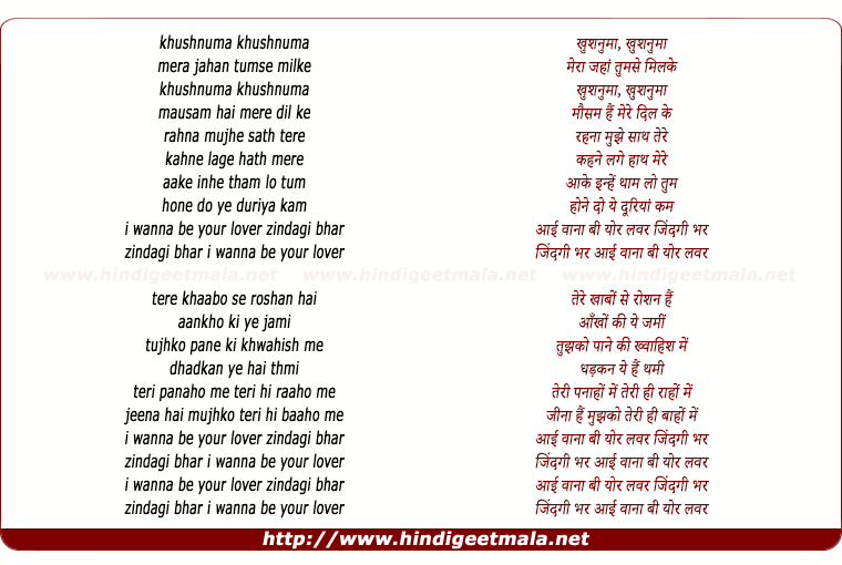 lyrics of song I Wanna Be Your Lover (Khushnuma)