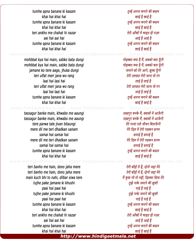 lyrics of song Tumhe Apna Banane Ki Kasam (Female)