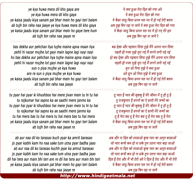 lyrics of song Ye Kya Hua Mera Dil Kho Gaya