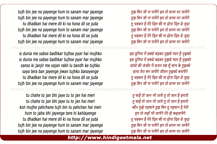 lyrics of song Tujh Bin Ji Na Payenge Hum To Sanam Mar Jayenge