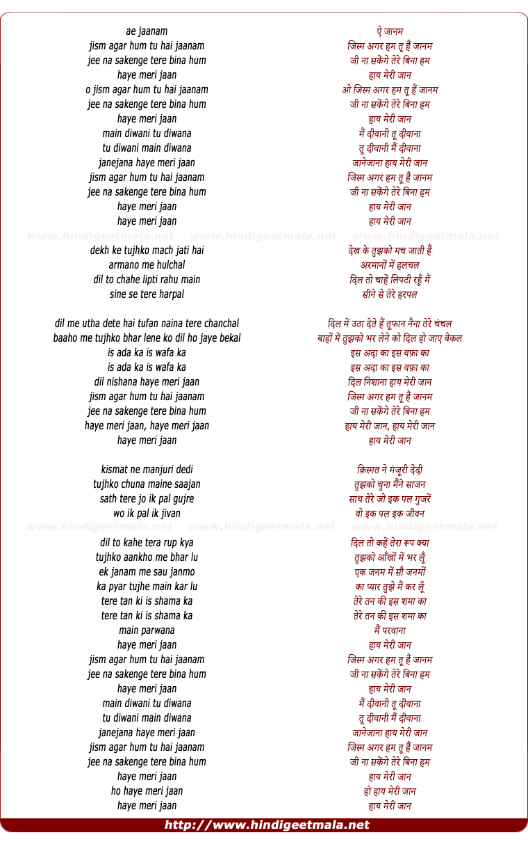 lyrics of song Ae Janam Mai Diwani Tu Diwana