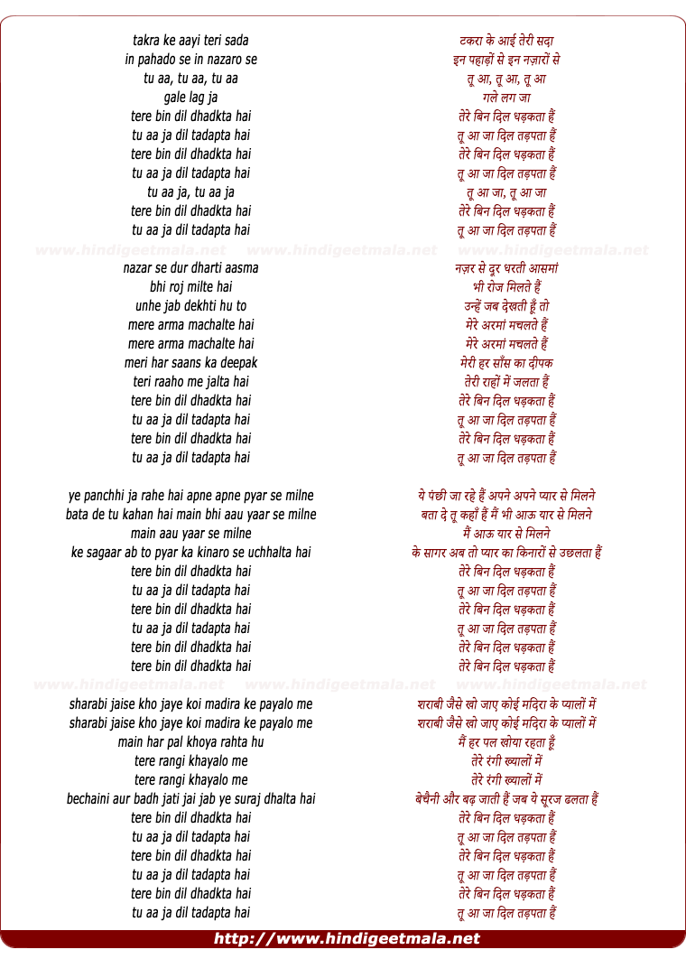 lyrics of song Tere Bin Dil Dhadakta Hai