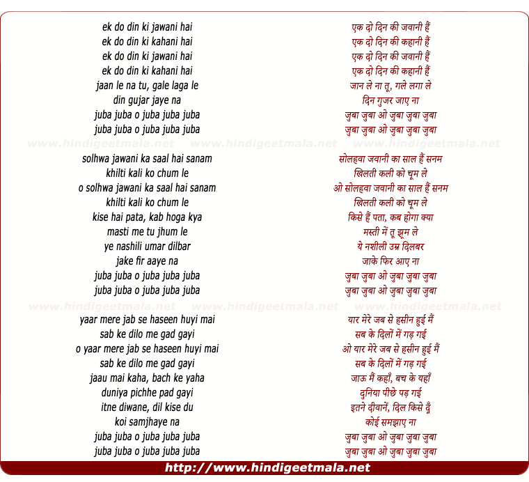 lyrics of song Ek Do Din Ki Jawani Hai (Zuba Zuba)