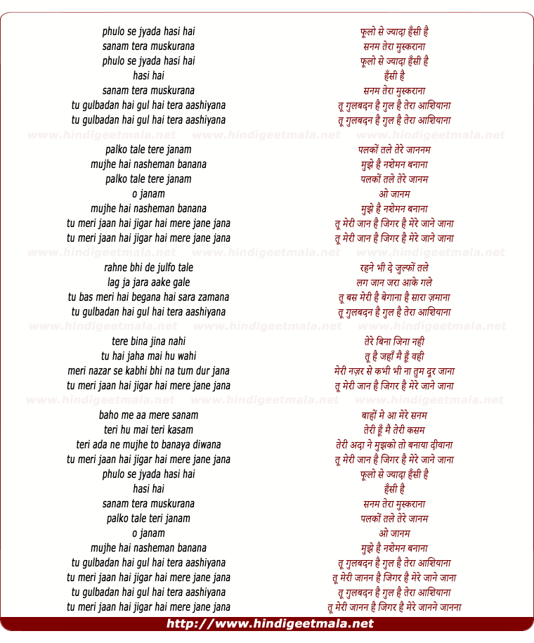 lyrics of song Phulo Se Zyada Hasin Hai