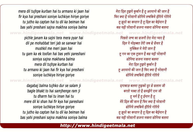 lyrics of song Mera Dil Tujhpe Kurbaan Hai