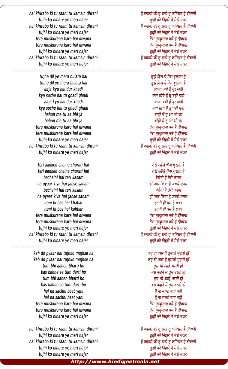 lyrics of song Hai Khwabo Ki Tu Rani