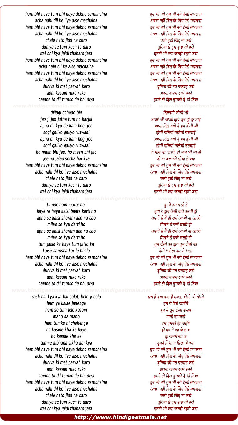 lyrics of song Hum Bhi Naye Tum Bhi Naye