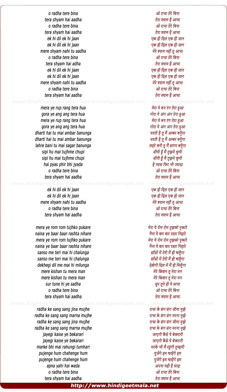 lyrics of song O Radha Tere Bina Tera Shyam Hai Aadha