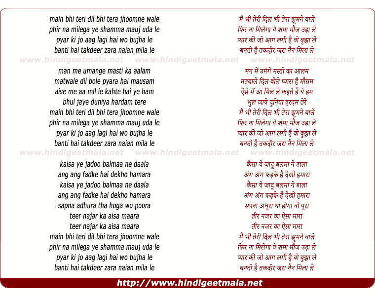 lyrics of song Mai Bhi Teri Dil Bhi Tera