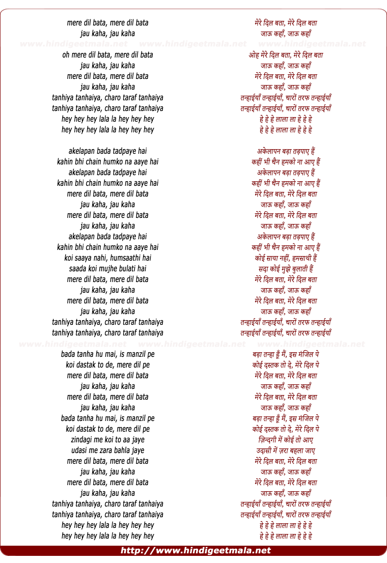 lyrics of song Mere Dil Bata Jau Kaha (Tanhaiya)