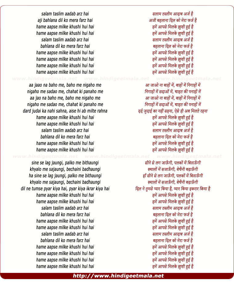 lyrics of song Hume Aap Se Milke Khushi Hui Hai